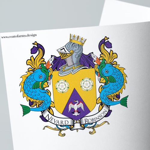 Coat of arms (wedding emblem) I designed for a newlyweds from Yorkshire, United Kingdom, with a Yorkshire roses and  a swan displayed wings inverted.