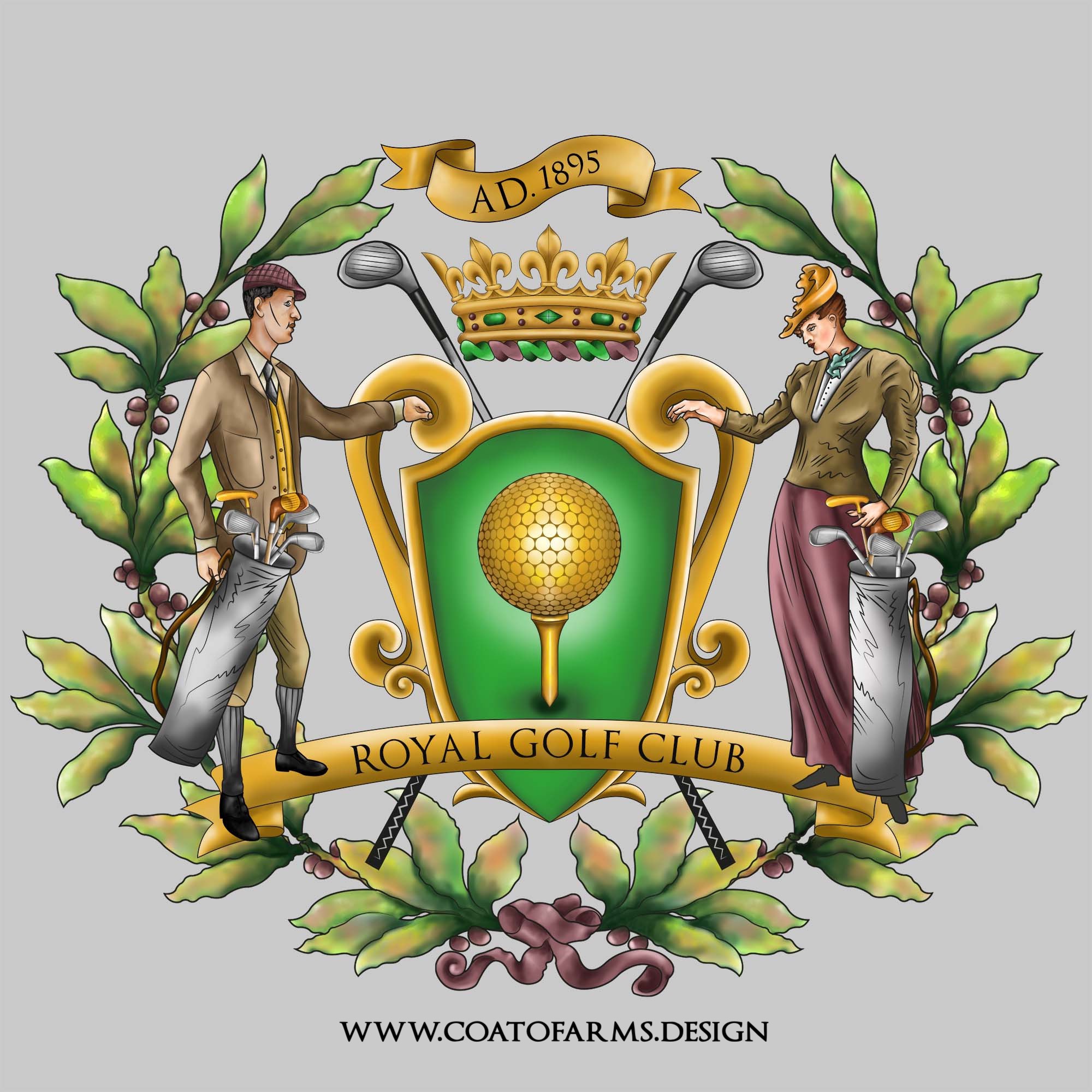 Business logo coat of arms for a Royal Golf Club from the USA Heraldry logo. In this heraldry logo we can see a golf ball in a main centre of the shield in form of a winning cup, on both sides we can see a woman and a man dressed as golfers in nineteenth-century costumes. Just behind the shield there are crossed golf clubs. Above the shield there is a crown and above the crown a sign with a date 1895. Below the shield a scroll with a title Royal Golf Club